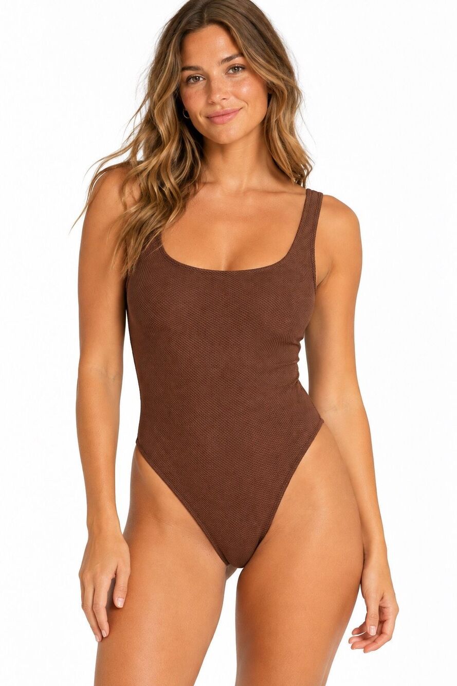 NWT Aerie Brown Textured Scoop Neck High Cut One Piece Swimsuit Size Small